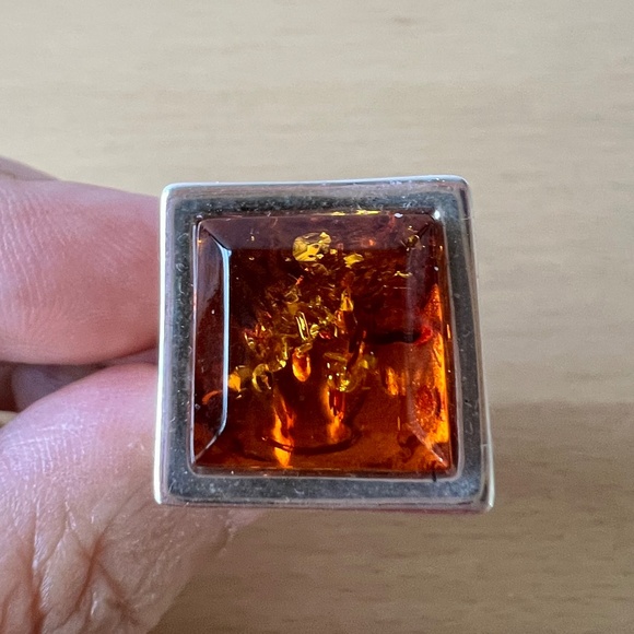 VINTAGE LARGE MODERNIST STATEMENT DESIGNER AMBER RING 925 STERLING SILVER